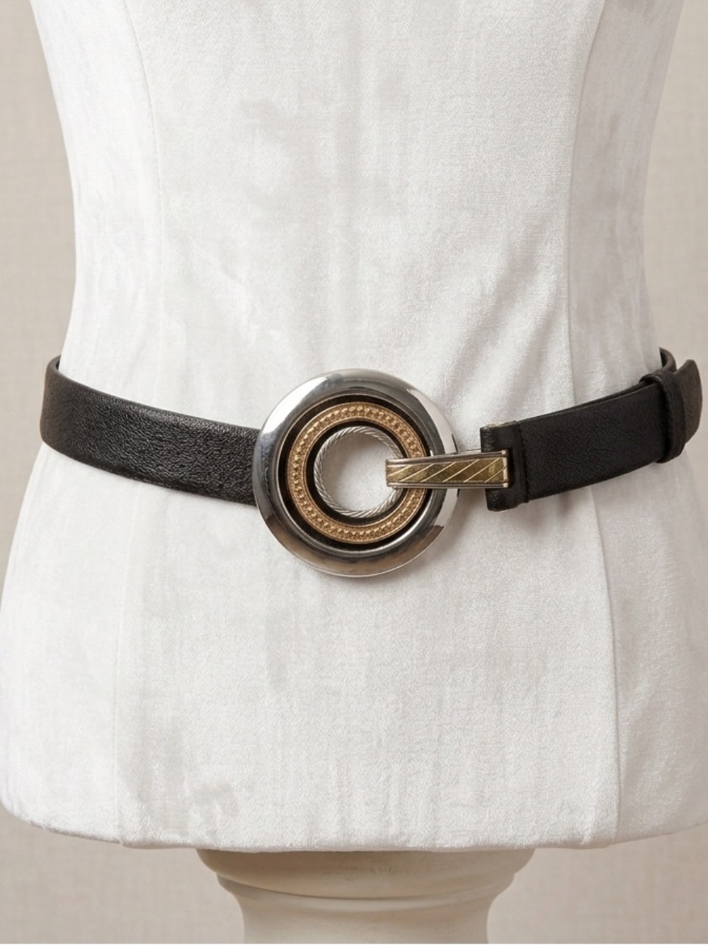 Chico's Black Belt with Silver & Gold Tone Circular Buckle Statement Belt Large
